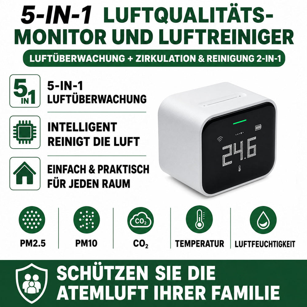 5-in-1 Luftqualitätsmonitor PM2.5 PM10 CO2 Temperatur Luftfeuchtigkeit mit App