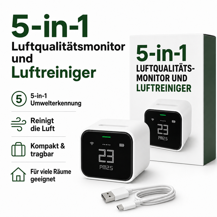 5-in-1 Luftqualitätsmonitor PM2.5 PM10 CO2 Temperatur Luftfeuchtigkeit mit App